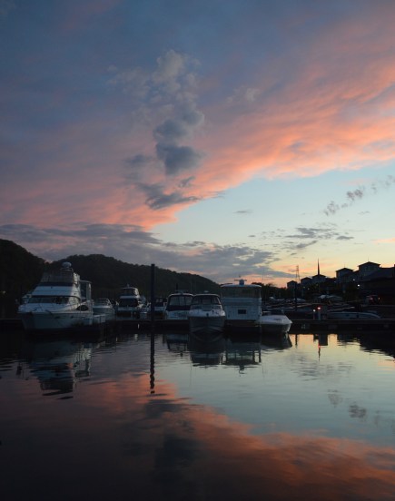 docks pink blue skies